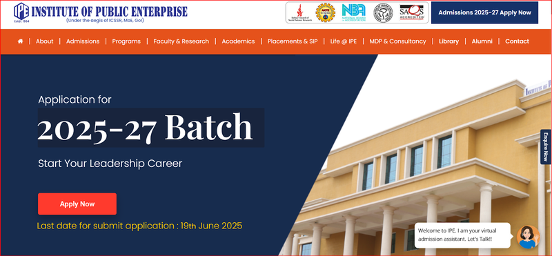  Institute of Public Enterprise Hyderabad – MBA admissions open for 2025 batch with AICTE-approved PGDM programs